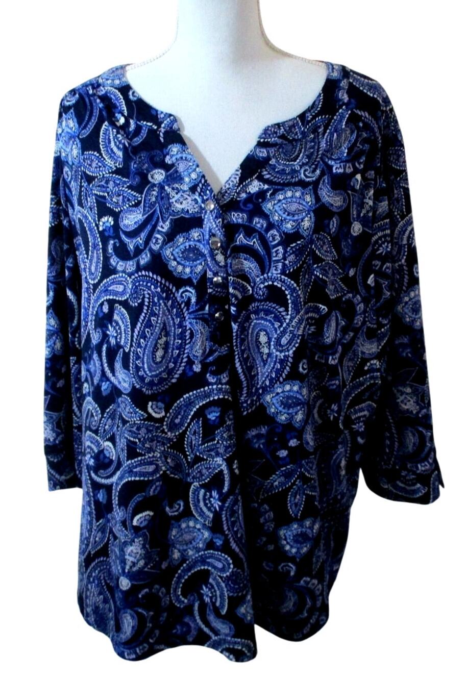Croft & Barrow Women's Plus Blue Paisley Print 3/4 Sleeve Stretch Shirt Size 2X